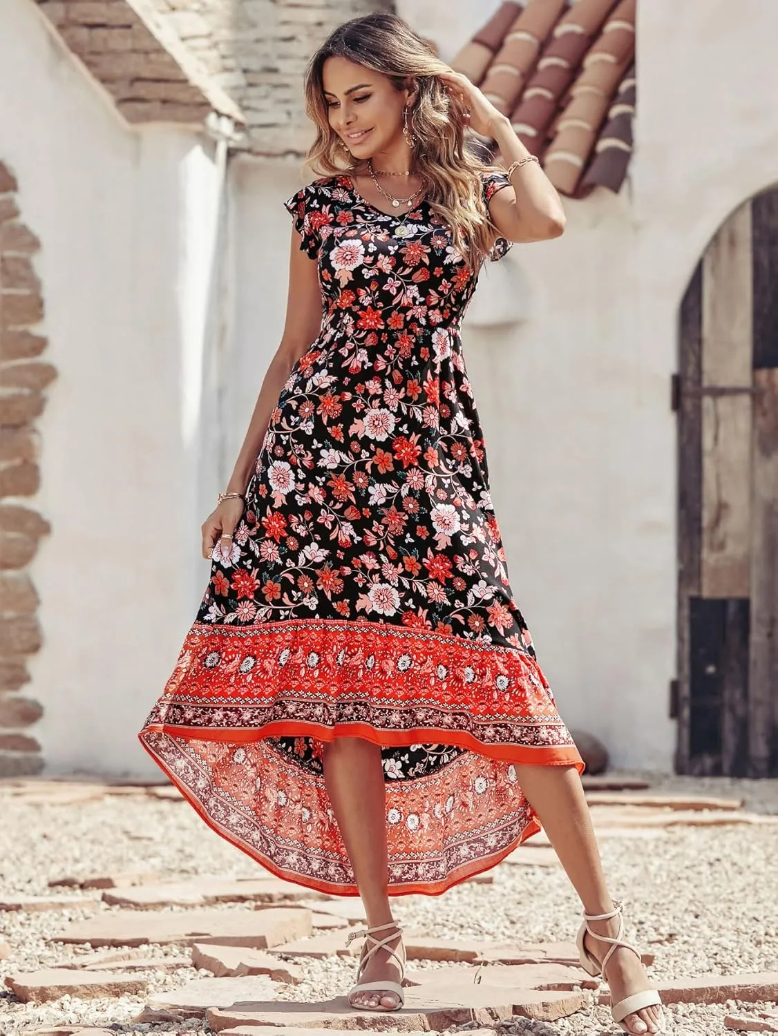 PRETTYGARDEN Women's Summer Maxi Dress Casual Floral V Neck Cap Sleeves Boho High Low Flowy Midi Long Sun Dresses
