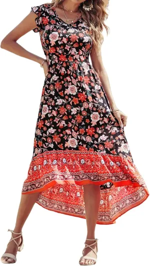 PRETTYGARDEN Women's Summer Maxi Dress Casual Floral V Neck Cap Sleeves Boho High Low Flowy Midi Long Sun Dresses