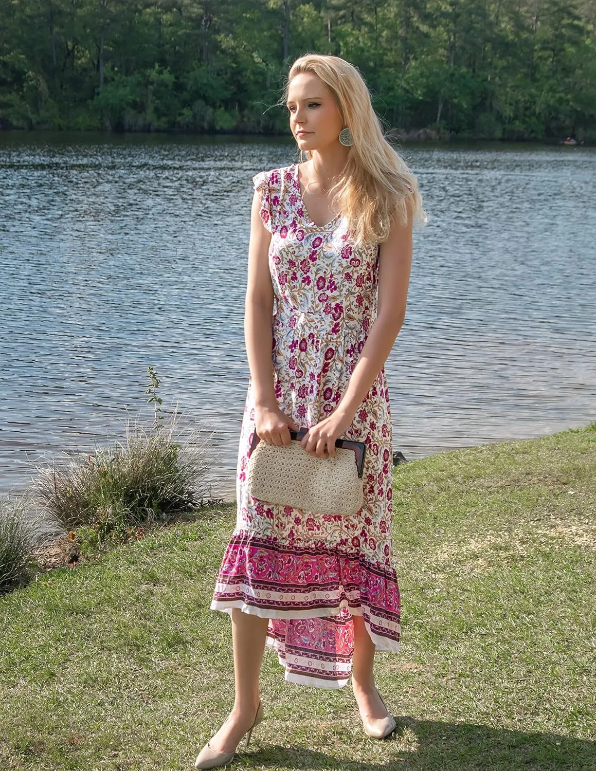 PRETTYGARDEN Women's Summer Maxi Dress Casual Floral V Neck Cap Sleeves Boho High Low Flowy Midi Long Sun Dresses