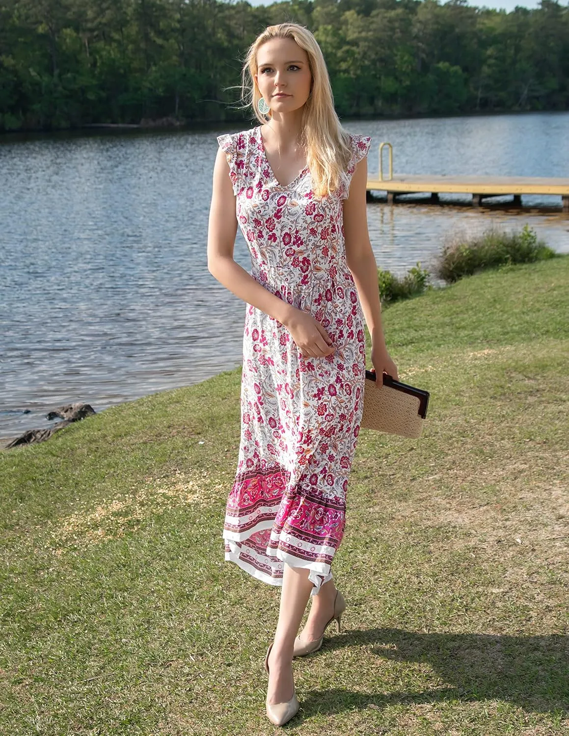 PRETTYGARDEN Women's Summer Maxi Dress Casual Floral V Neck Cap Sleeves Boho High Low Flowy Midi Long Sun Dresses