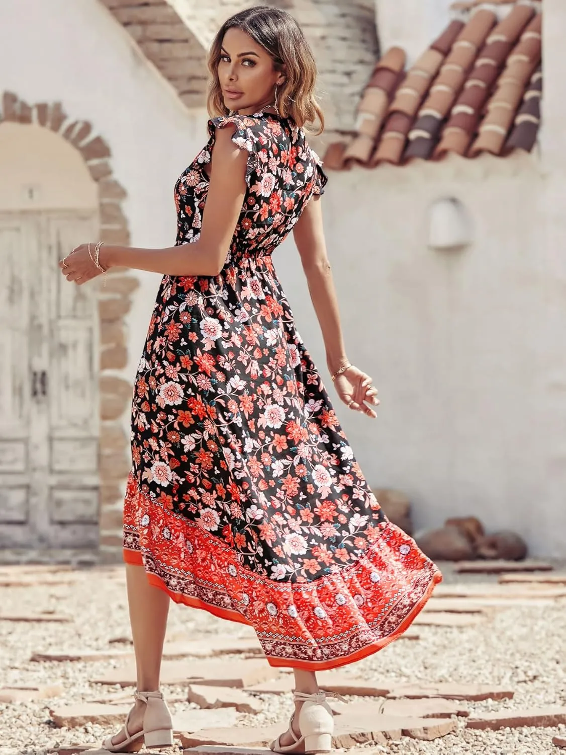 PRETTYGARDEN Women's Summer Maxi Dress Casual Floral V Neck Cap Sleeves Boho High Low Flowy Midi Long Sun Dresses