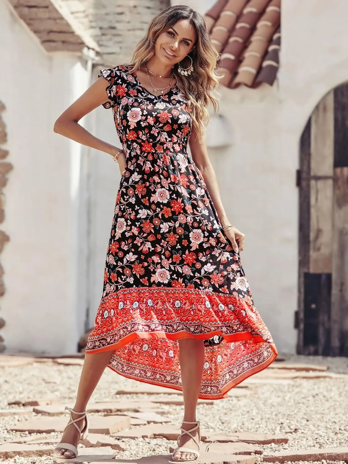 PRETTYGARDEN Women's Summer Maxi Dress Casual Floral V Neck Cap Sleeves Boho High Low Flowy Midi Long Sun Dresses