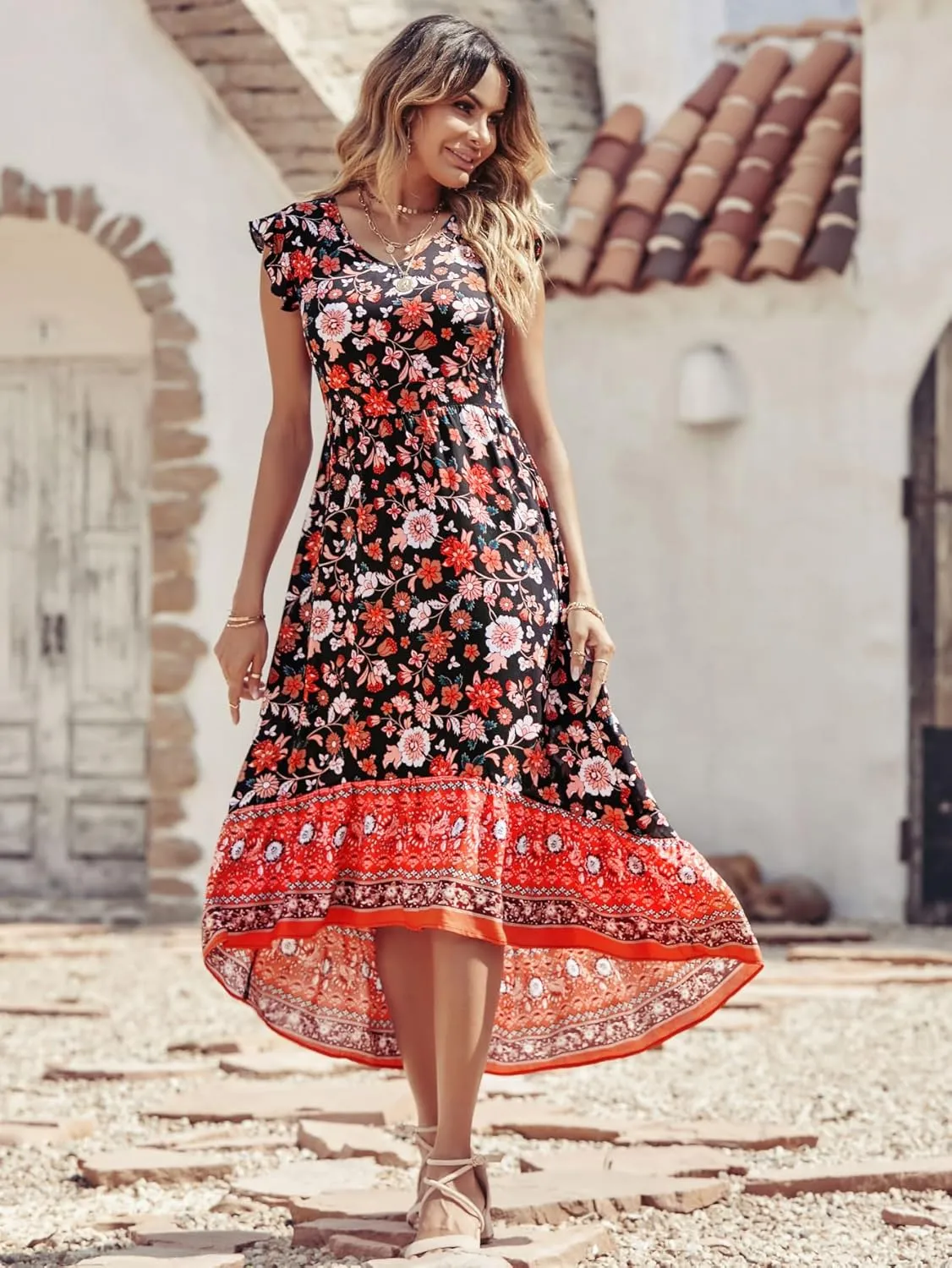 PRETTYGARDEN Women's Summer Maxi Dress Casual Floral V Neck Cap Sleeves Boho High Low Flowy Midi Long Sun Dresses