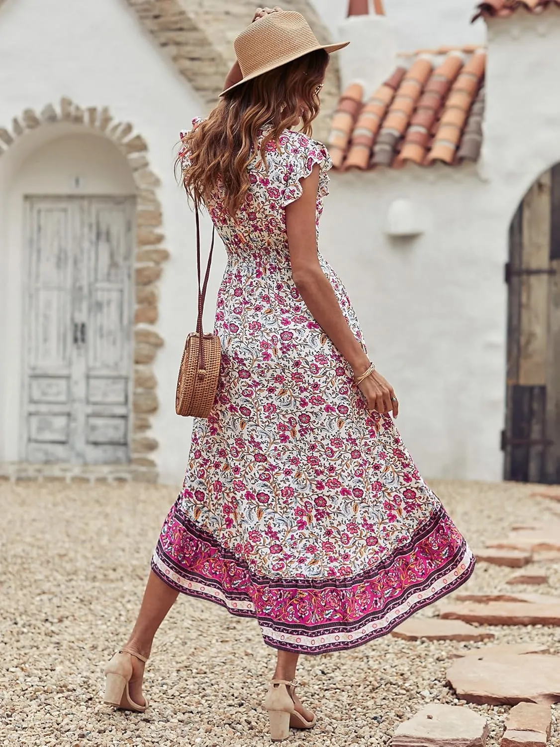 PRETTYGARDEN Women's Summer Maxi Dress Casual Floral V Neck Cap Sleeves Boho High Low Flowy Midi Long Sun Dresses