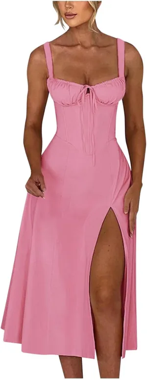 PTOLOCIF Sexy Sundresses for Women 2025 Summer Spaghetti Strap Dress Sleeveless Low Cut Bust Dress Beach Party Maxi Dresses