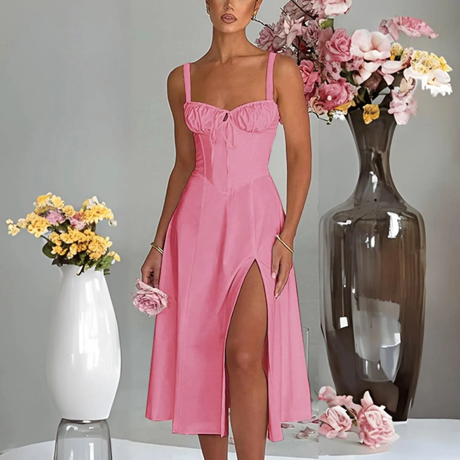 PTOLOCIF Sexy Sundresses for Women 2025 Summer Spaghetti Strap Dress Sleeveless Low Cut Bust Dress Beach Party Maxi Dresses