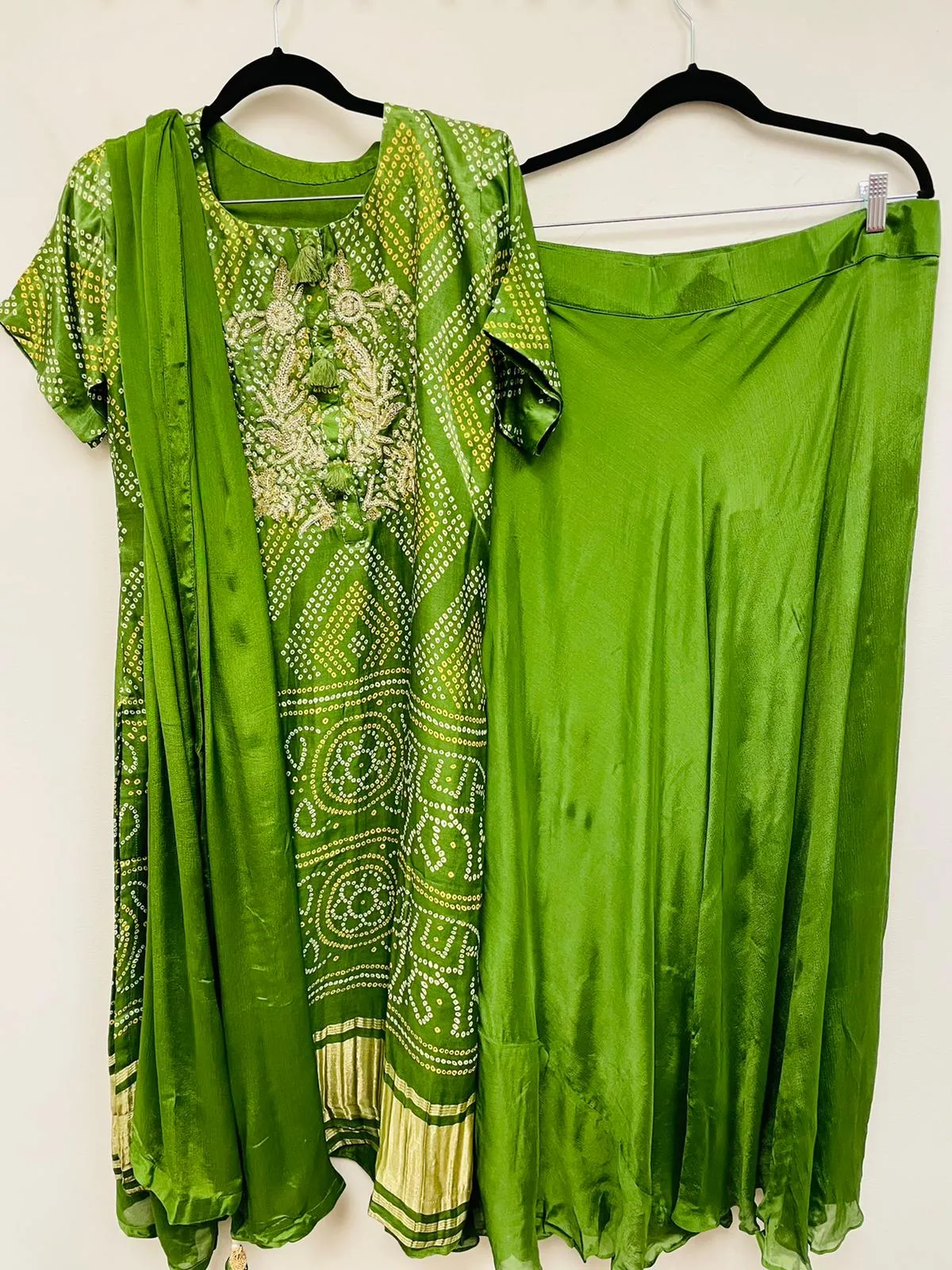 RFSS635 - Pure Modal Satin Bandhej Kurta with heavy embroidery. Comes with Lehenga and Dupatta