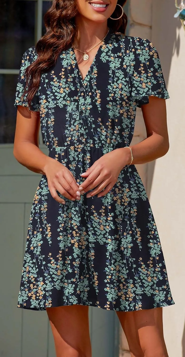 Summer Dresses for Women 2025 Casual V Neck Short Sleeves Floral Chiffon Flowy Sundress
