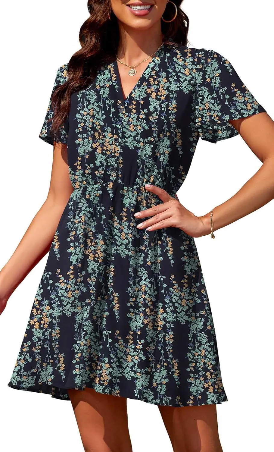 Summer Dresses for Women 2025 Casual V Neck Short Sleeves Floral Chiffon Flowy Sundress
