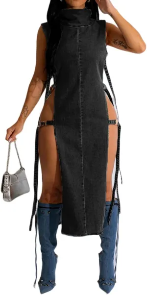 Women Distressed Boyfriend Denim Dress Casual Sleeveless Jean Dress Cute Cowgirl Summer Outfits