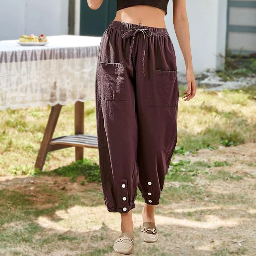 Women Elastic Waisted Cargo Pants Casual Drawstring Wide Leg Pants with Pockets Loose Button Trousers