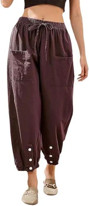 Women Elastic Waisted Cargo Pants Casual Drawstring Wide Leg Pants with Pockets Loose Button Trousers
