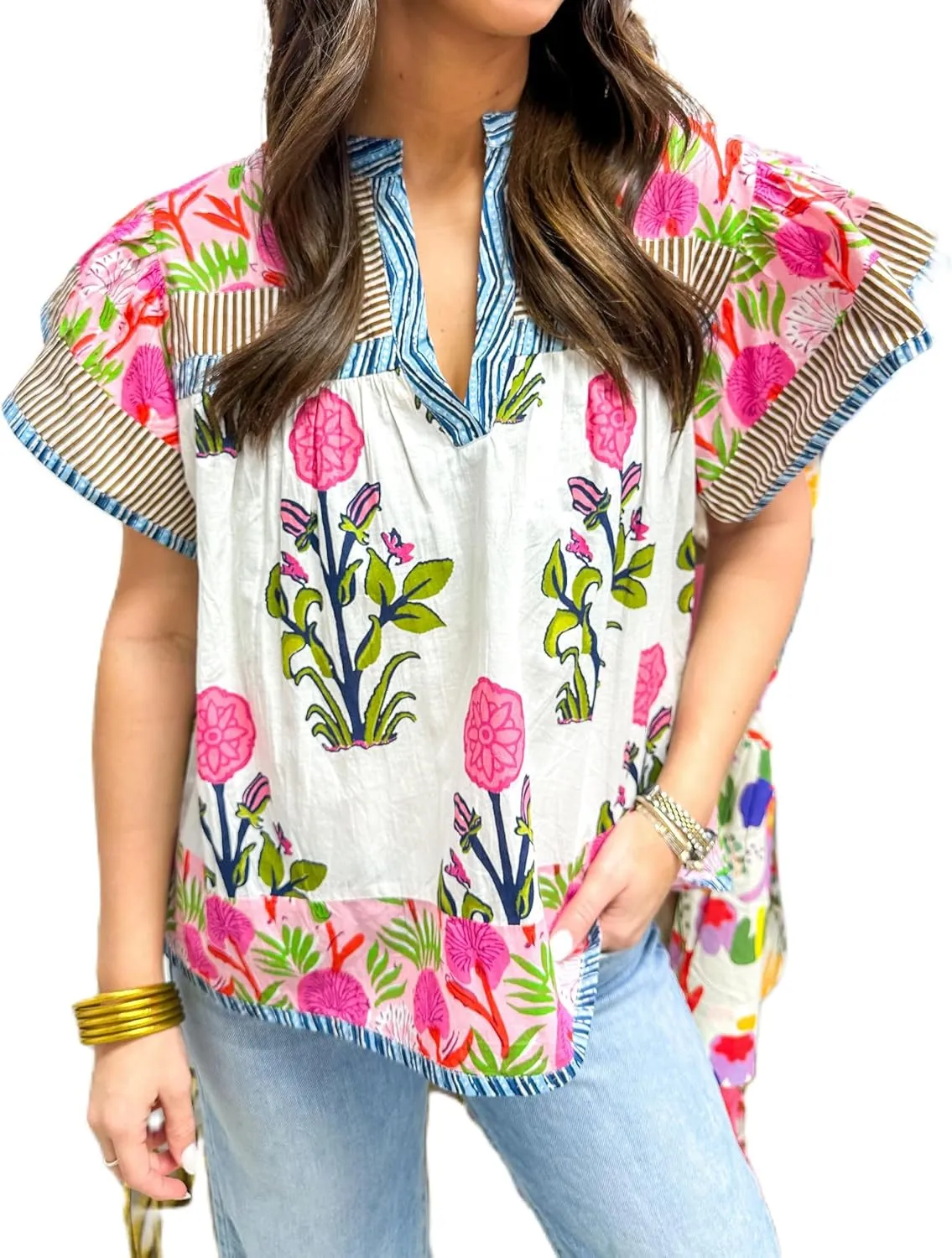 Women Floral Ruffle Short Sleeve Tops Flare Shoulder Boho Babydoll T Shirts Casual Flutter Sleeves Summer Blouse