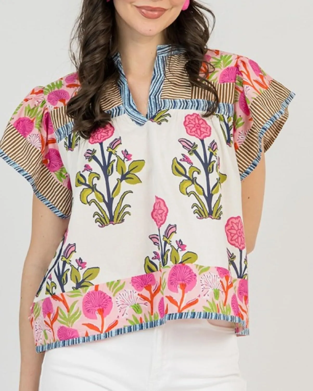 Women Floral Ruffle Short Sleeve Tops Flare Shoulder Boho Babydoll T Shirts Casual Flutter Sleeves Summer Blouse