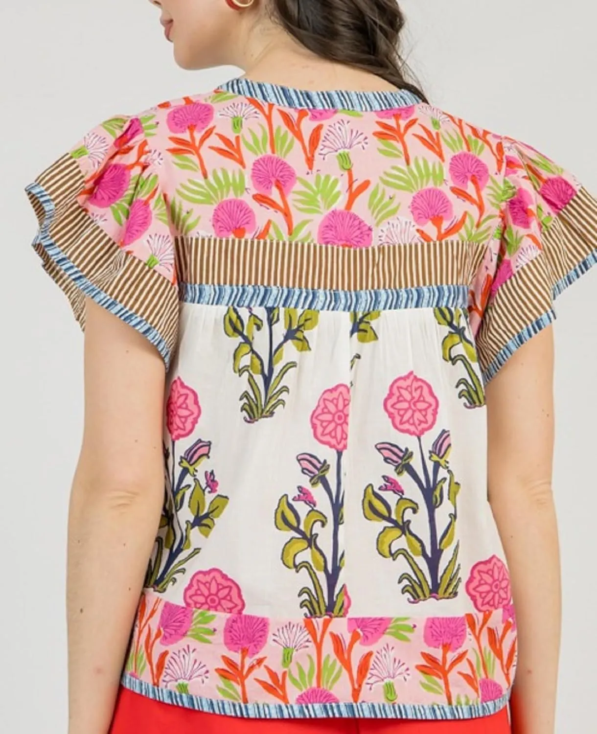 Women Floral Ruffle Short Sleeve Tops Flare Shoulder Boho Babydoll T Shirts Casual Flutter Sleeves Summer Blouse