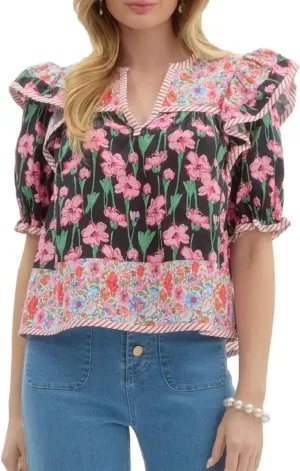 Women Floral Ruffle Short Sleeve Tops Flare Shoulder Boho Babydoll T Shirts Casual Flutter Sleeves Summer Blouse