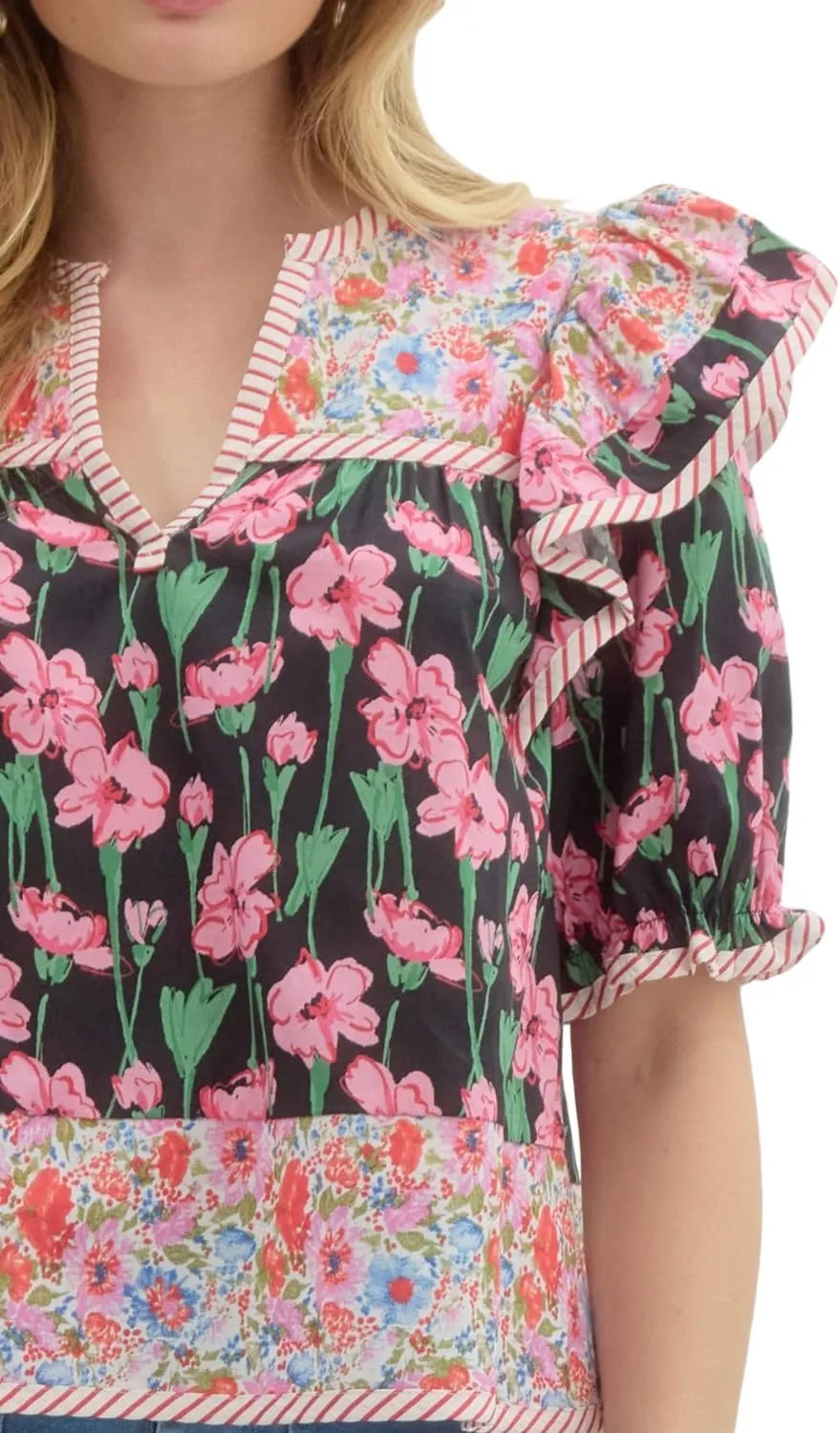 Women Floral Ruffle Short Sleeve Tops Flare Shoulder Boho Babydoll T Shirts Casual Flutter Sleeves Summer Blouse
