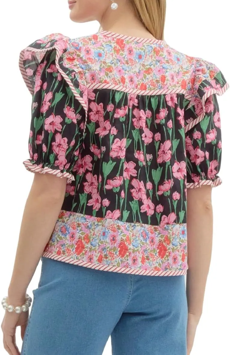 Women Floral Ruffle Short Sleeve Tops Flare Shoulder Boho Babydoll T Shirts Casual Flutter Sleeves Summer Blouse