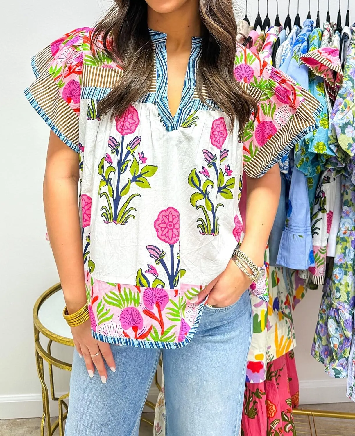 Women Floral Ruffle Short Sleeve Tops Flare Shoulder Boho Babydoll T Shirts Casual Flutter Sleeves Summer Blouse