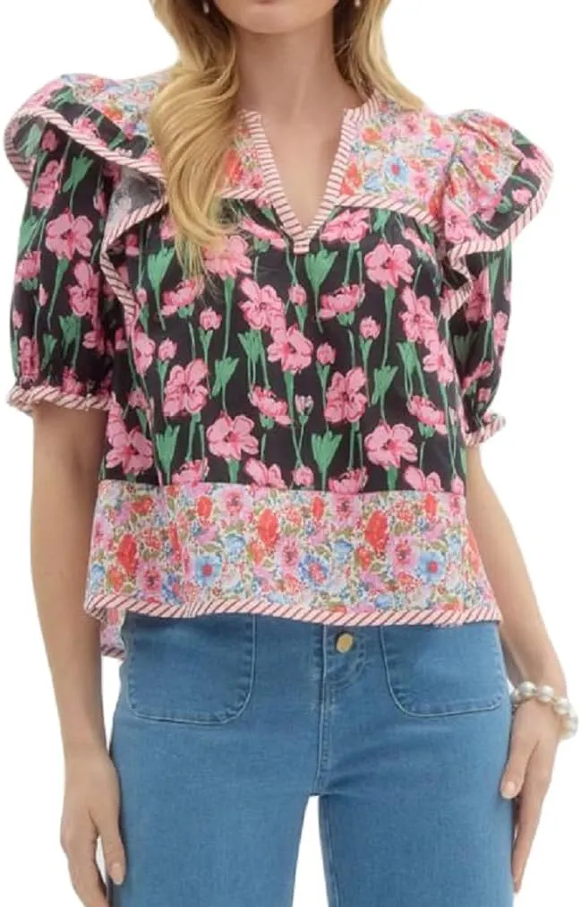 Women Floral Ruffle Short Sleeve Tops Flare Shoulder Boho Babydoll T Shirts Casual Flutter Sleeves Summer Blouse