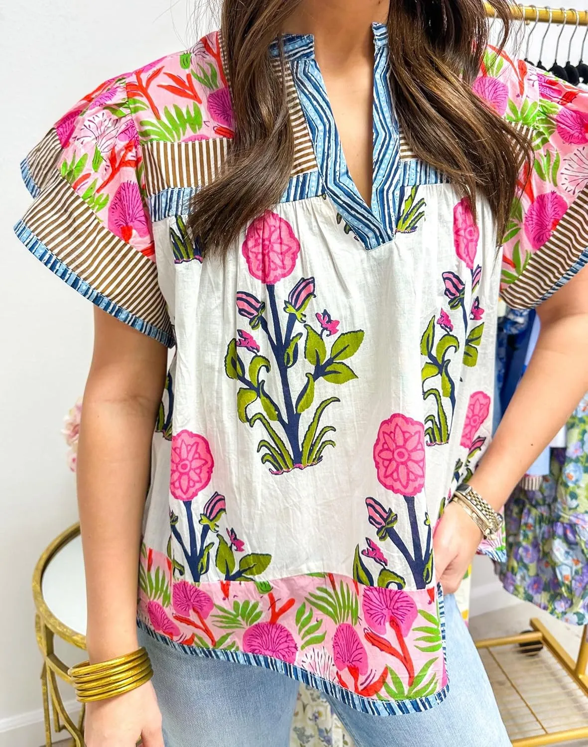 Women Floral Ruffle Short Sleeve Tops Flare Shoulder Boho Babydoll T Shirts Casual Flutter Sleeves Summer Blouse