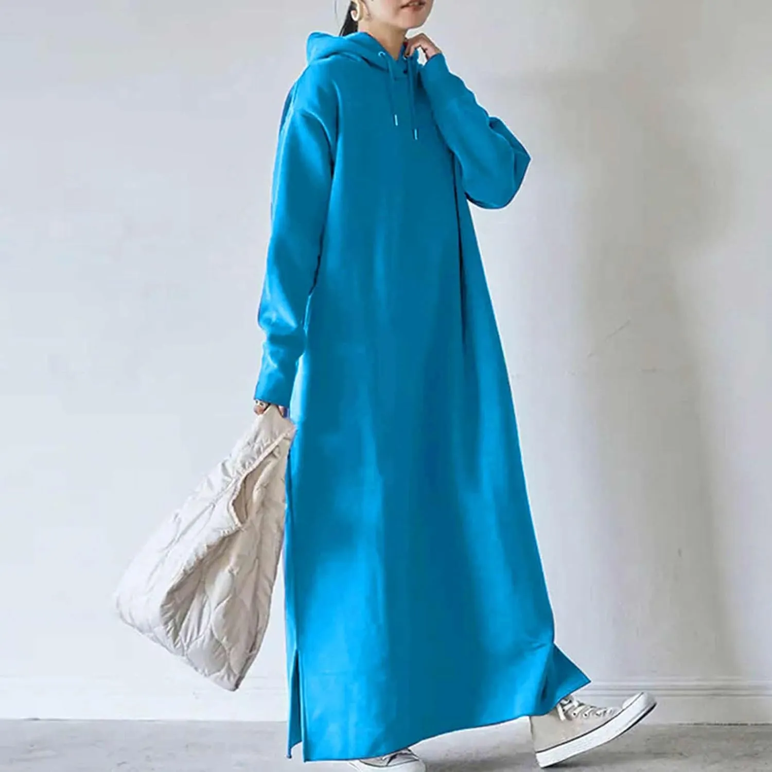 Women's Fall Winter Pullover Maxi Dress Baggy Loose Long Sleeve Drawstring Hooded Sweatshirt Long Dresses Plus Size