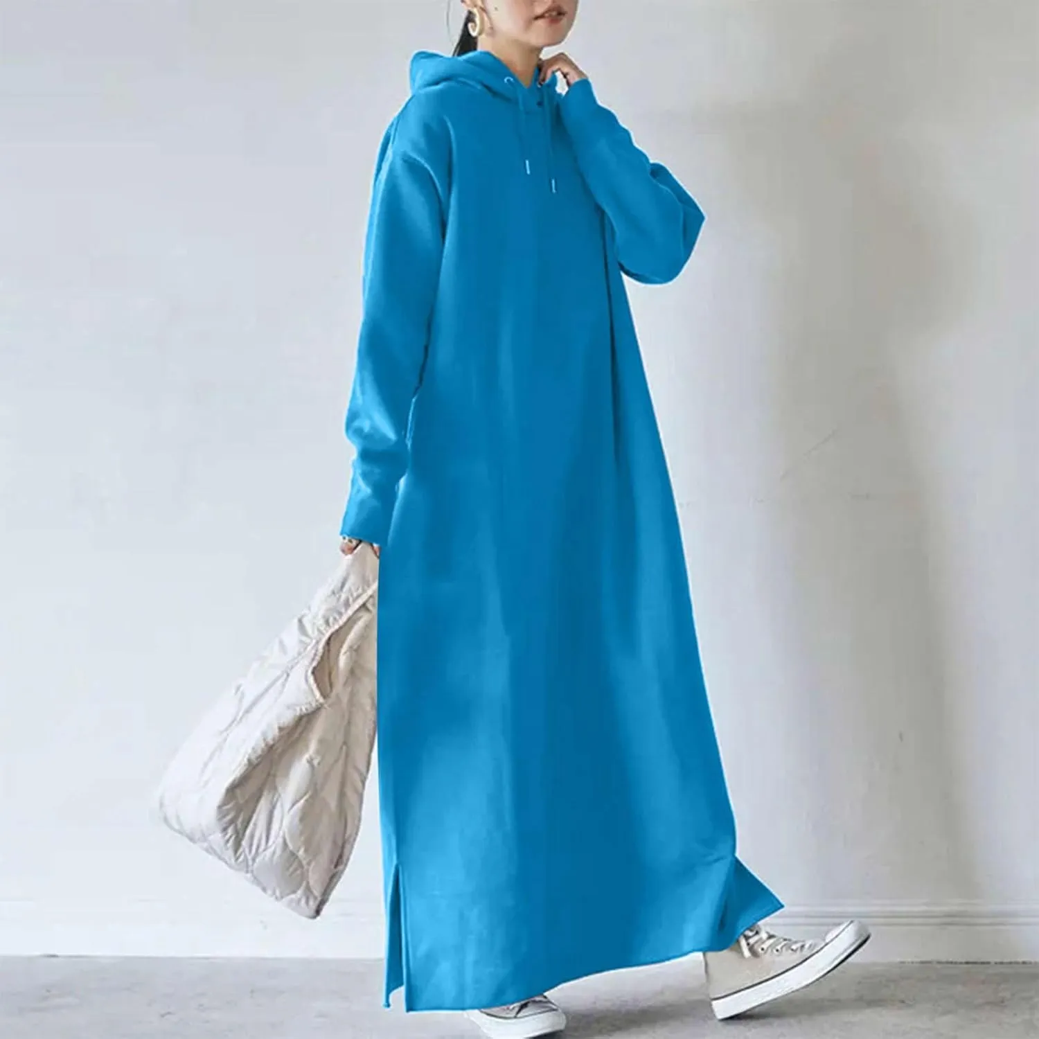Women's Fall Winter Pullover Maxi Dress Baggy Loose Long Sleeve Drawstring Hooded Sweatshirt Long Dresses Plus Size