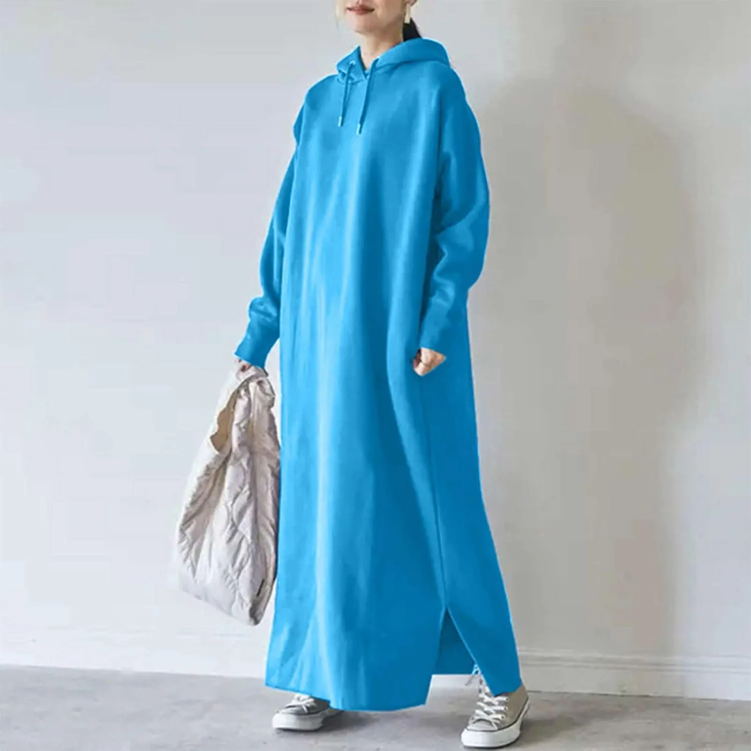Women's Fall Winter Pullover Maxi Dress Baggy Loose Long Sleeve Drawstring Hooded Sweatshirt Long Dresses Plus Size