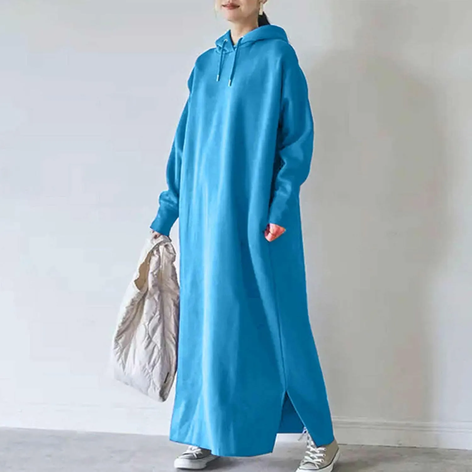 Women's Fall Winter Pullover Maxi Dress Baggy Loose Long Sleeve Drawstring Hooded Sweatshirt Long Dresses Plus Size