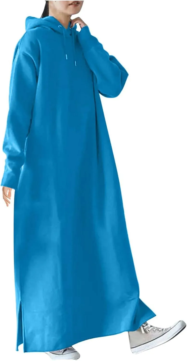 Women's Fall Winter Pullover Maxi Dress Baggy Loose Long Sleeve Drawstring Hooded Sweatshirt Long Dresses Plus Size