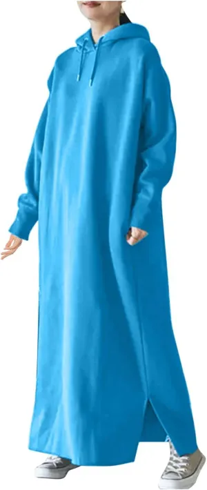 Women's Fall Winter Pullover Maxi Dress Baggy Loose Long Sleeve Drawstring Hooded Sweatshirt Long Dresses Plus Size