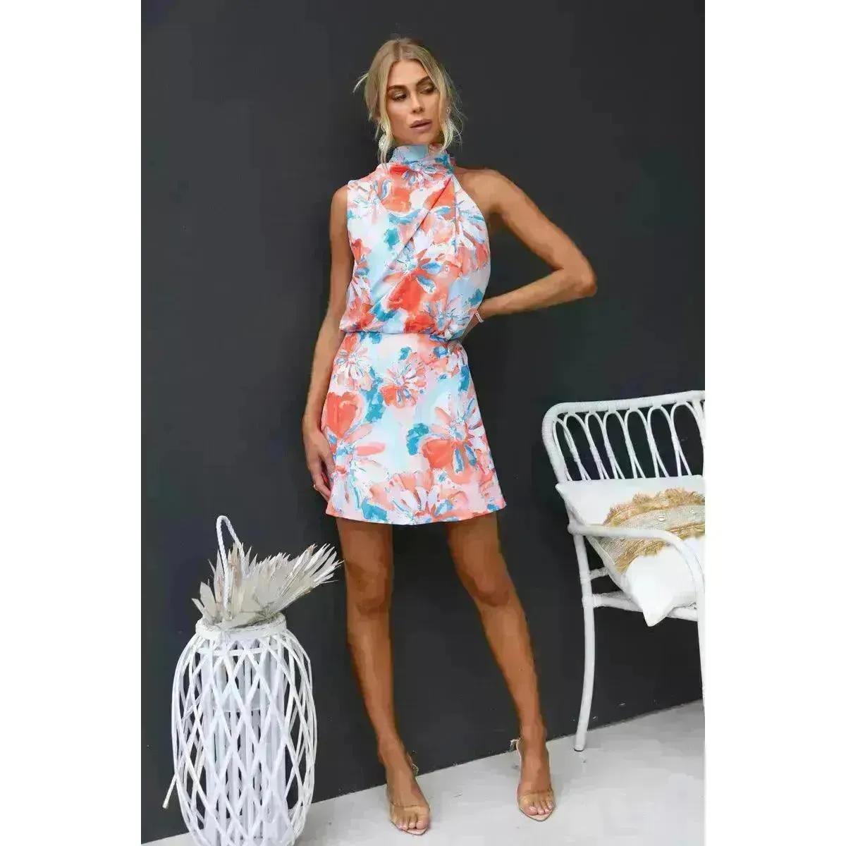 Women's Slant Shoulder Lace-up Printed Casual Loose Summer Vacation Mini Dress