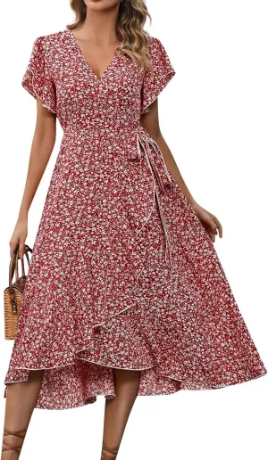 Womens Summer Dress V Neck Midi Dresses Fashion Casual Fit Flowy Tiered Boho Beach Vacation Sundress
