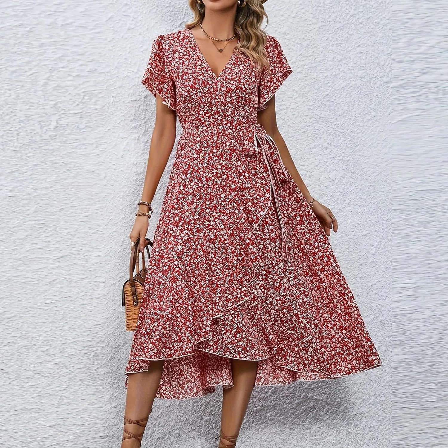Womens Summer Dress V Neck Midi Dresses Fashion Casual Fit Flowy Tiered Boho Beach Vacation Sundress