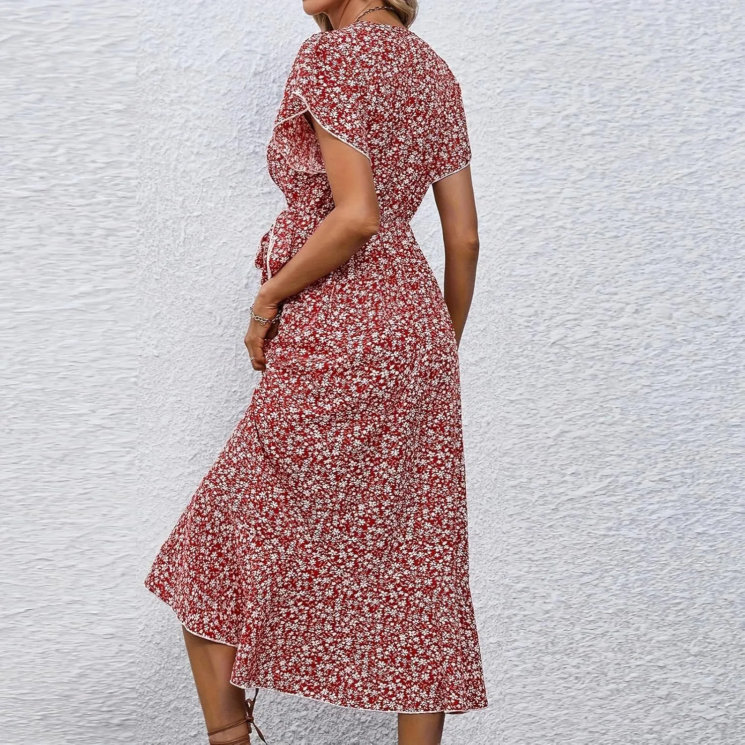 Womens Summer Dress V Neck Midi Dresses Fashion Casual Fit Flowy Tiered Boho Beach Vacation Sundress