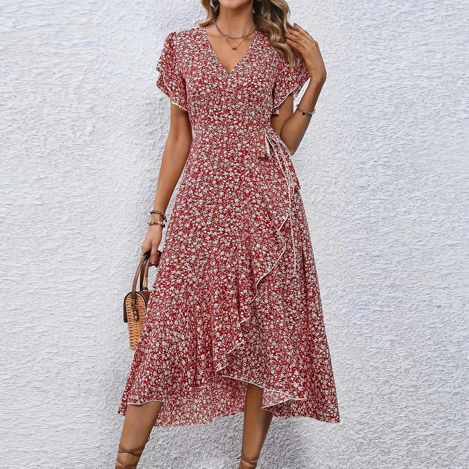 Womens Summer Dress V Neck Midi Dresses Fashion Casual Fit Flowy Tiered Boho Beach Vacation Sundress