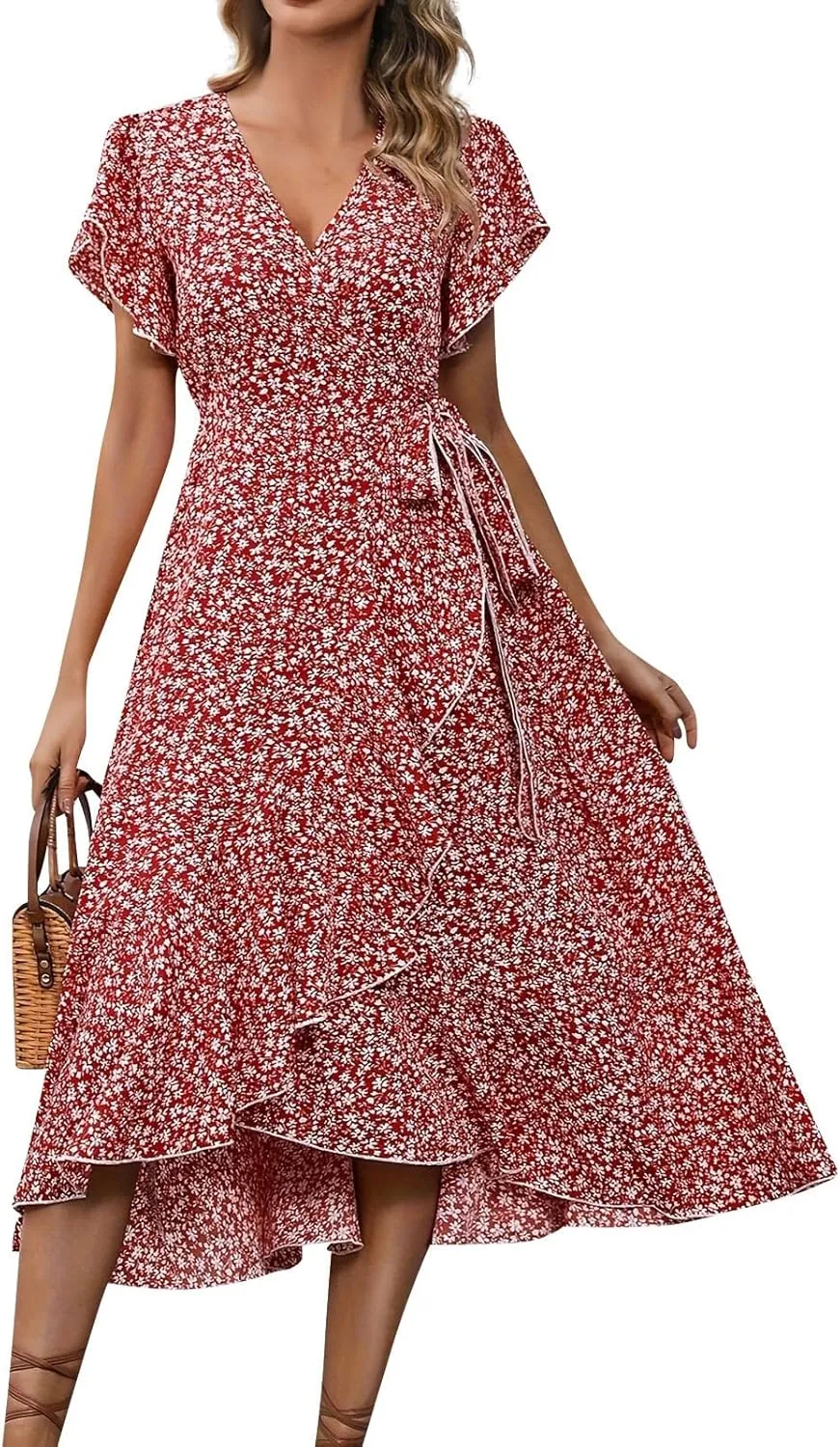 Womens Summer Dress V Neck Midi Dresses Fashion Casual Fit Flowy Tiered Boho Beach Vacation Sundress